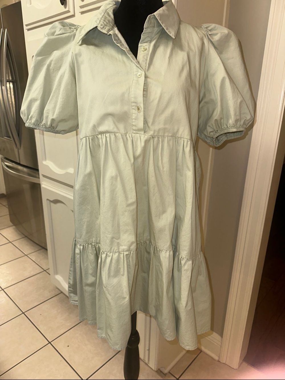 TCEC Light Mint Puff Sleeve Tiered Mini Dress
